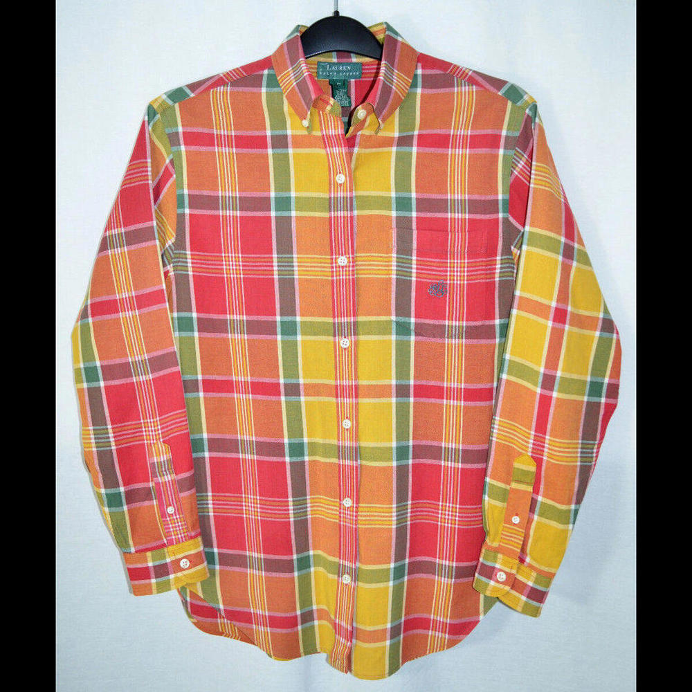 Lauren Ralph Lauren Blouse Red Plaid Button Front & Collar L/S Cotton Women's M